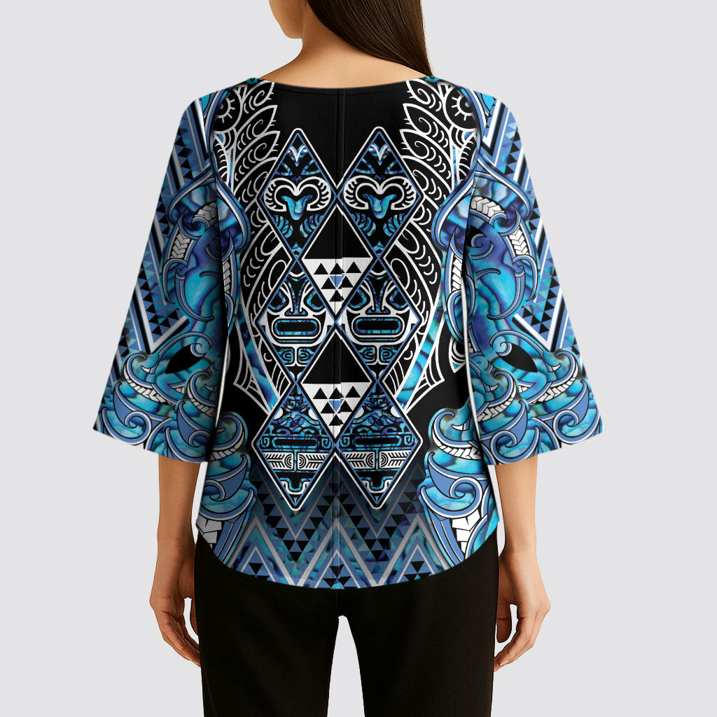Aotearoa Ngati Porou Kimono Sleeve Blouse Maori Light Blue Tribal Paua Shell Pattern