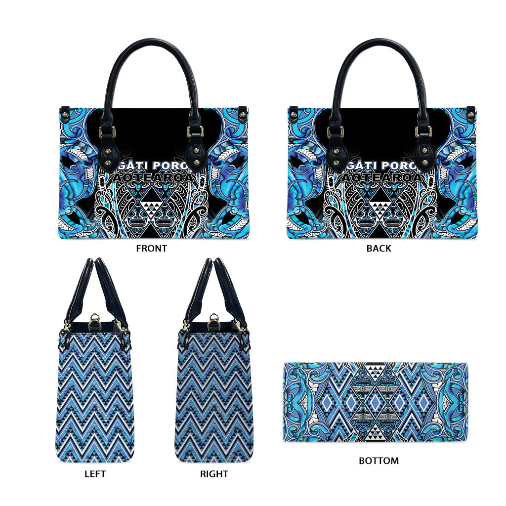 Aotearoa Ngati Porou Leather Bag Maori Light Blue Tribal Paua Shell Pattern