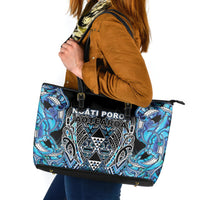 Aotearoa Ngati Porou Leather Tote Bag Maori Light Blue Tribal Paua Shell Pattern