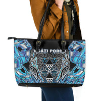Aotearoa Ngati Porou Leather Tote Bag Maori Light Blue Tribal Paua Shell Pattern
