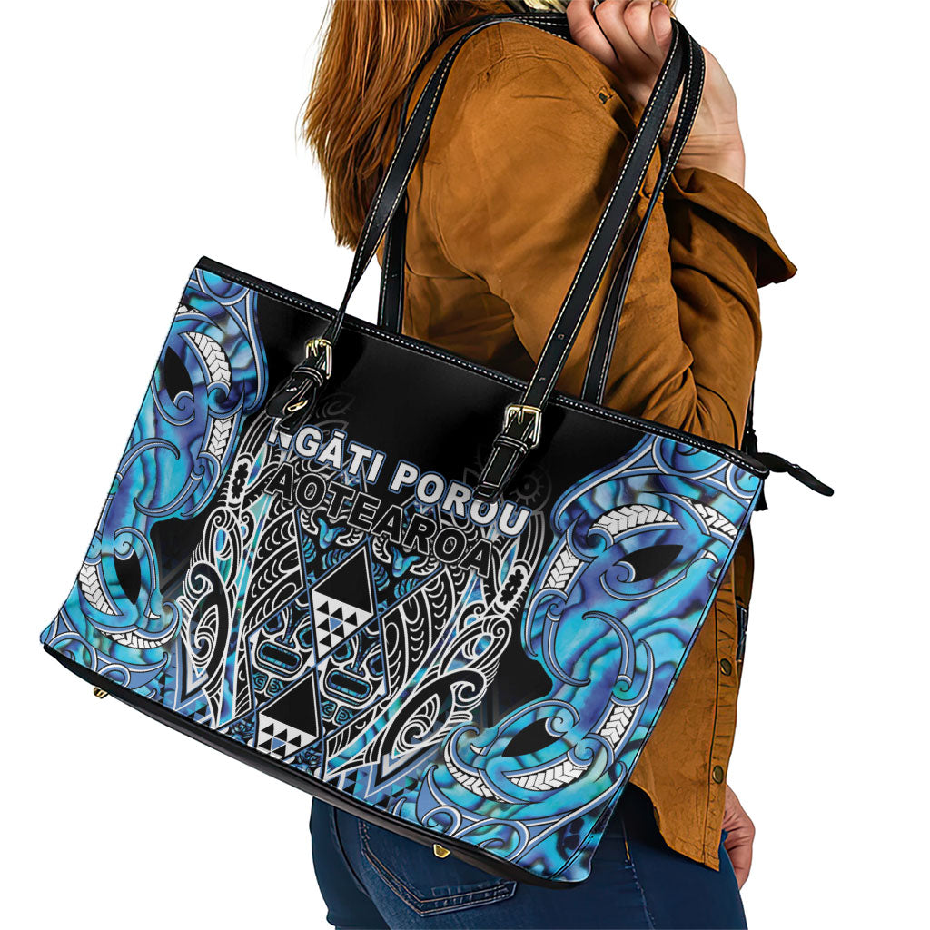 Aotearoa Ngati Porou Leather Tote Bag Maori Light Blue Tribal Paua Shell Pattern