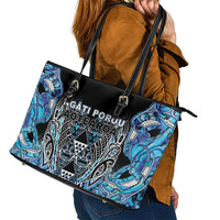 Aotearoa Ngati Porou Leather Tote Bag Maori Light Blue Tribal Paua Shell Pattern