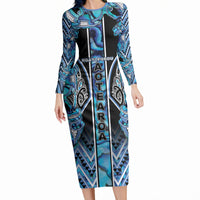Aotearoa Ngati Porou Long Sleeve Bodycon Dress Maori Light Blue Tribal Paua Shell Pattern