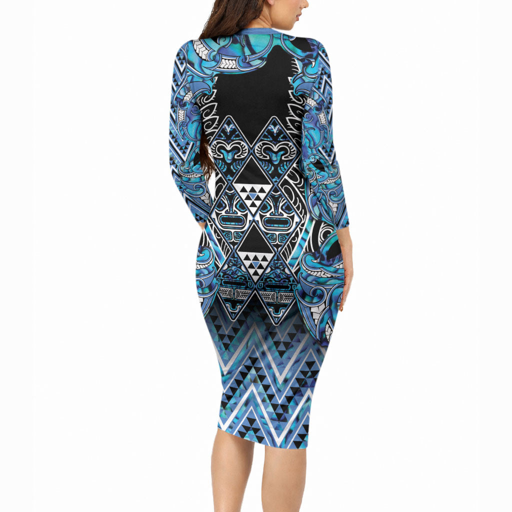 Aotearoa Ngati Porou Long Sleeve Bodycon Dress Maori Light Blue Tribal Paua Shell Pattern