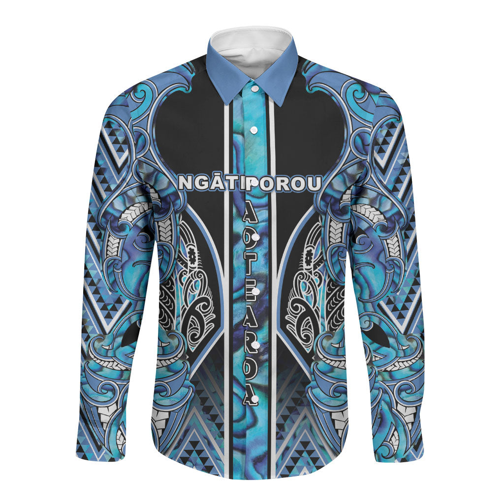 Aotearoa Ngati Porou Long Sleeve Button Shirt Maori Light Blue Tribal Paua Shell Pattern