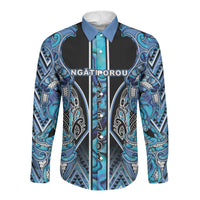 Aotearoa Ngati Porou Long Sleeve Button Shirt Maori Light Blue Tribal Paua Shell Pattern