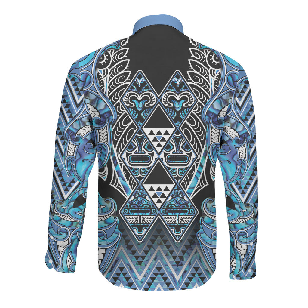 Aotearoa Ngati Porou Long Sleeve Button Shirt Maori Light Blue Tribal Paua Shell Pattern