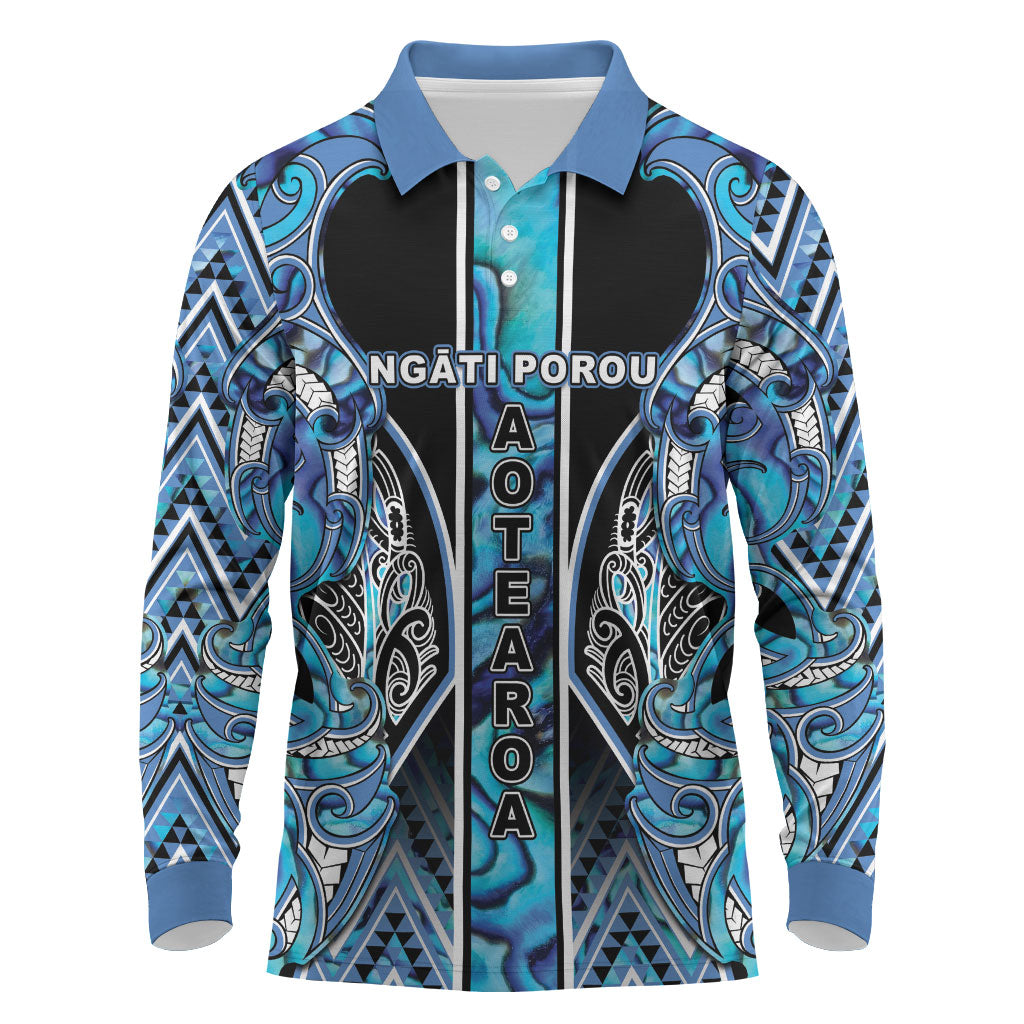 Aotearoa Ngati Porou Long Sleeve Polo Shirt Maori Light Blue Tribal Paua Shell Pattern