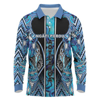 Aotearoa Ngati Porou Long Sleeve Polo Shirt Maori Light Blue Tribal Paua Shell Pattern