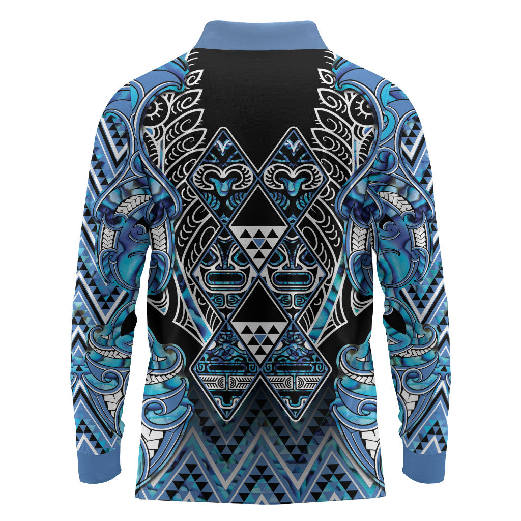 Aotearoa Ngati Porou Long Sleeve Polo Shirt Maori Light Blue Tribal Paua Shell Pattern