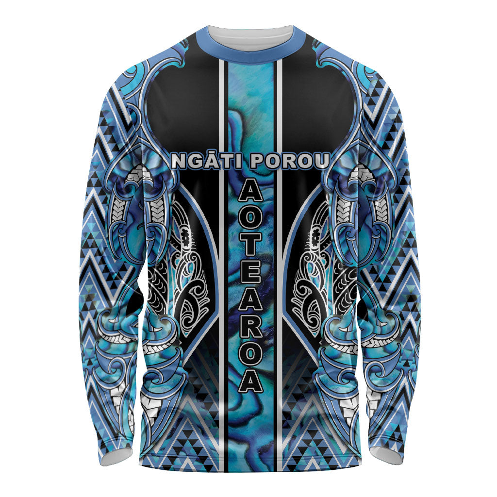 Aotearoa Ngati Porou Long Sleeve Shirt Maori Light Blue Tribal Paua Shell Pattern