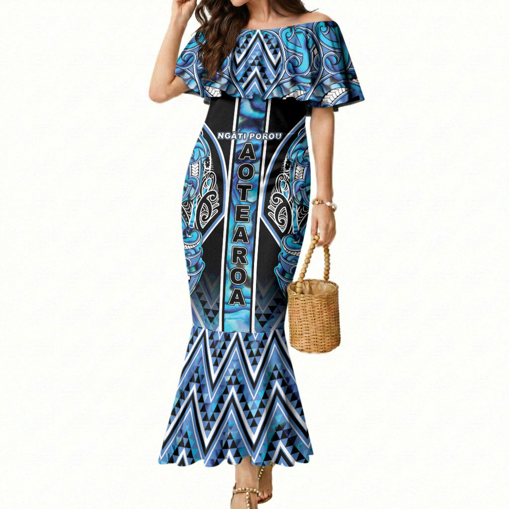 Aotearoa Ngati Porou Mermaid Dress Maori Light Blue Tribal Paua Shell Pattern