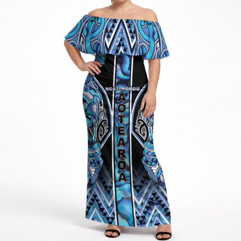 Aotearoa Ngati Porou Off Shoulder Maxi Dress Maori Light Blue Tribal Paua Shell Pattern DT05 Women Blue - Polynesian Pride