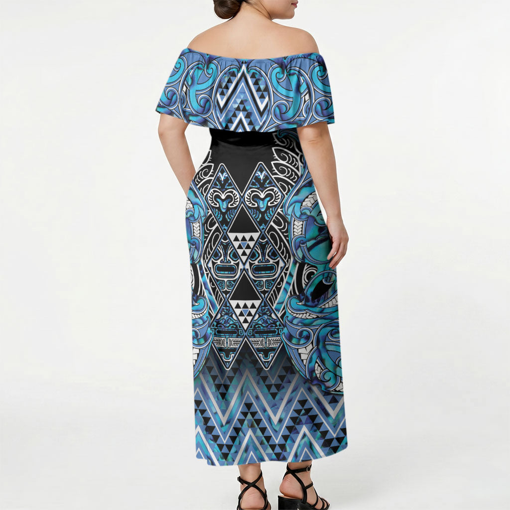 Aotearoa Ngati Porou Off Shoulder Maxi Dress Maori Light Blue Tribal Paua Shell Pattern
