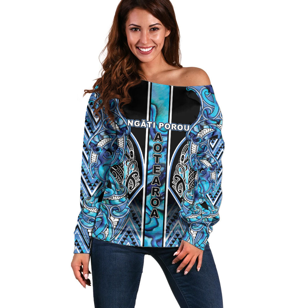 Aotearoa Ngati Porou Off Shoulder Sweater Maori Light Blue Tribal Paua Shell Pattern DT05 Women Blue - Polynesian Pride
