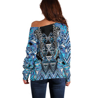 Aotearoa Ngati Porou Off Shoulder Sweater Maori Light Blue Tribal Paua Shell Pattern