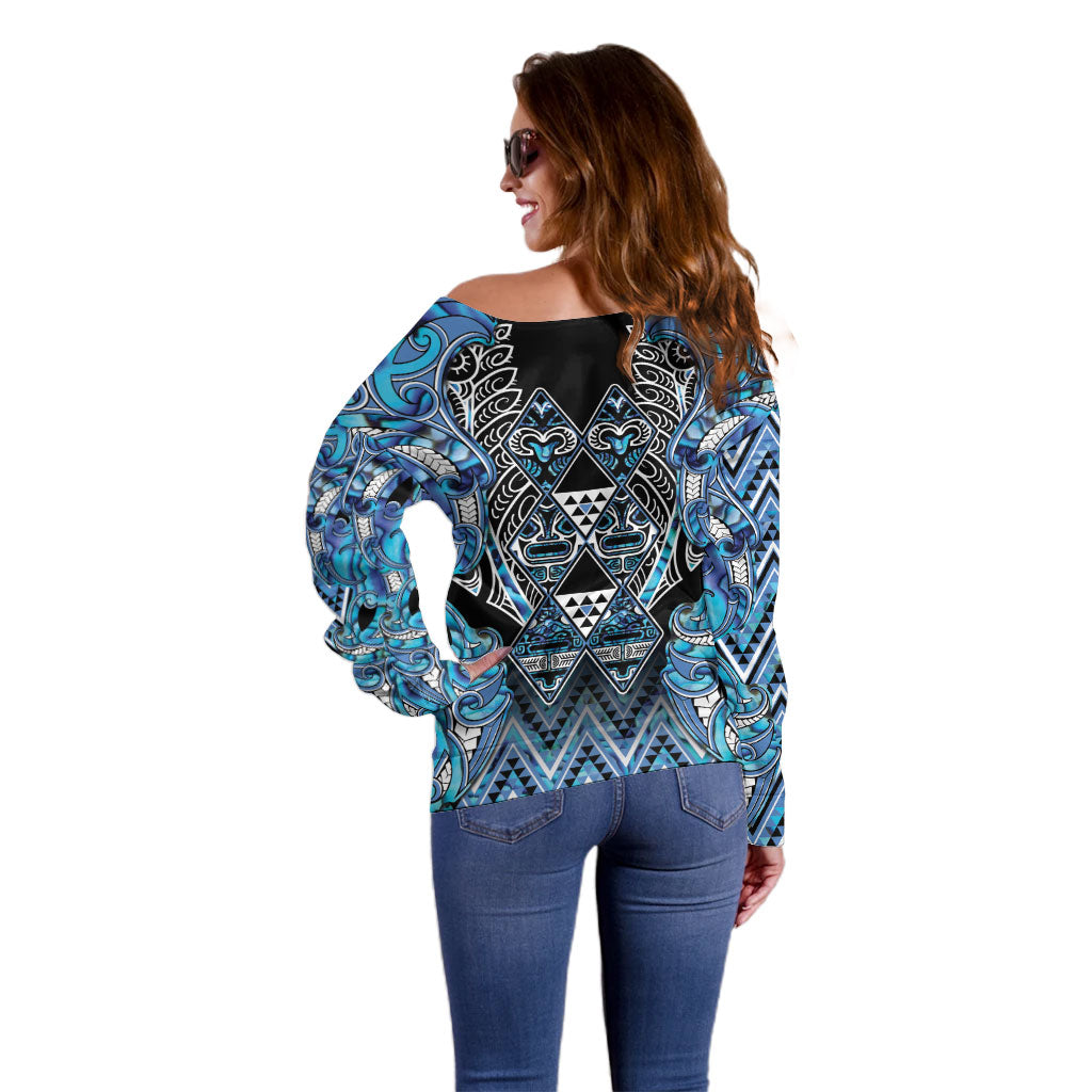 Aotearoa Ngati Porou Off Shoulder Sweater Maori Light Blue Tribal Paua Shell Pattern