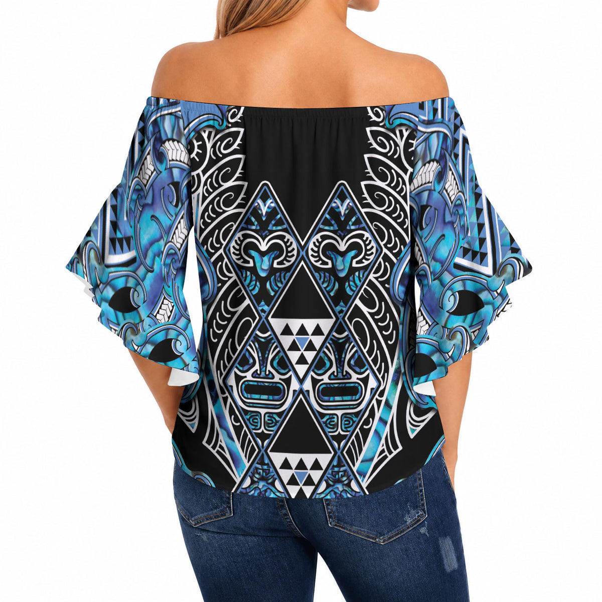 Aotearoa Ngati Porou Off Shoulder Wrap Waist Top Maori Light Blue Tribal Paua Shell Pattern