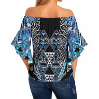 Aotearoa Ngati Porou Off Shoulder Wrap Waist Top Maori Light Blue Tribal Paua Shell Pattern