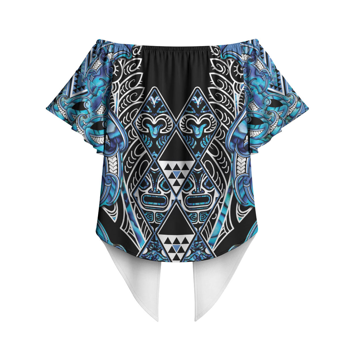 Aotearoa Ngati Porou Off Shoulder Wrap Waist Top Maori Light Blue Tribal Paua Shell Pattern