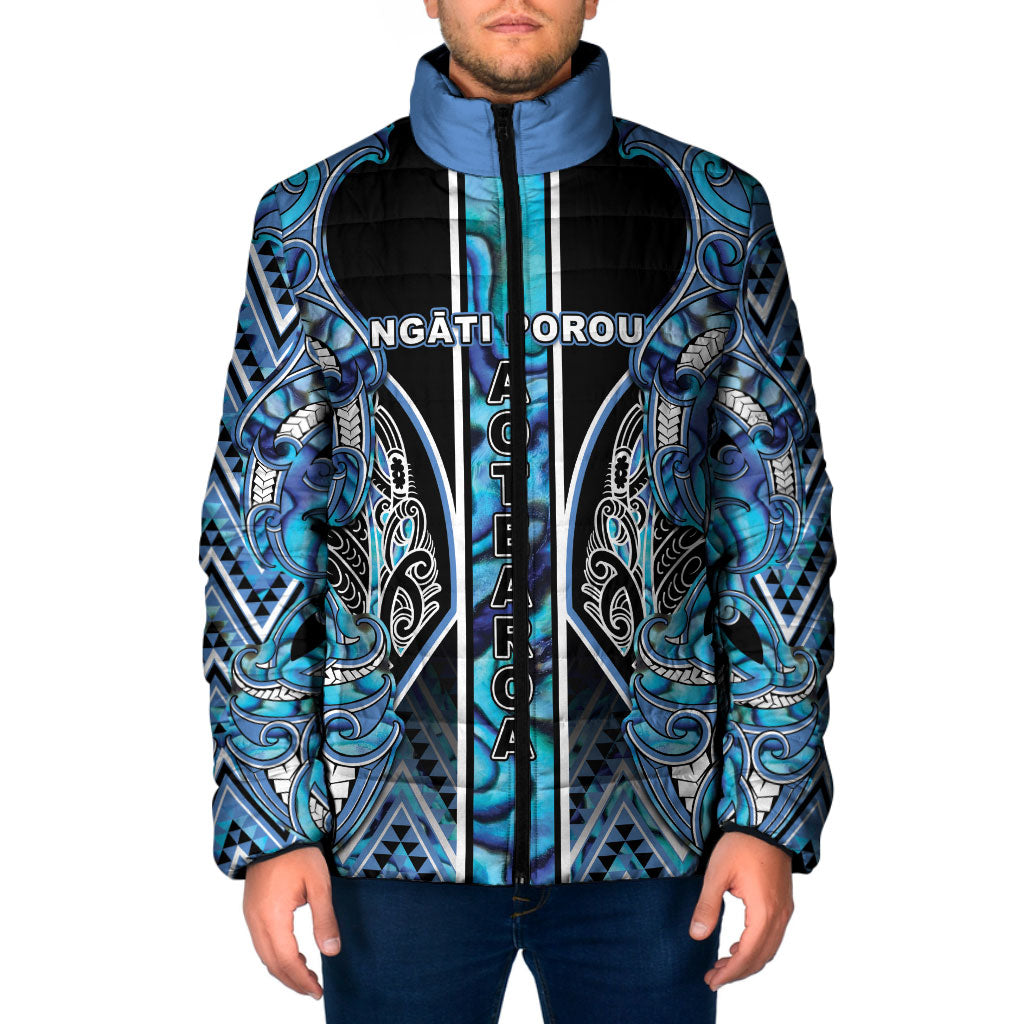 Aotearoa Ngati Porou Padded Jacket Maori Light Blue Tribal Paua Shell Pattern DT05 Men Blue - Polynesian Pride