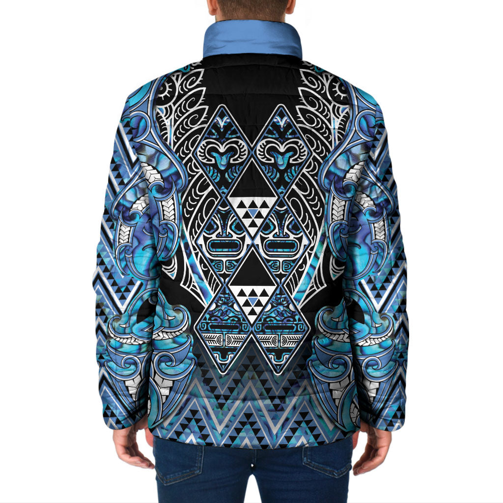 Aotearoa Ngati Porou Padded Jacket Maori Light Blue Tribal Paua Shell Pattern