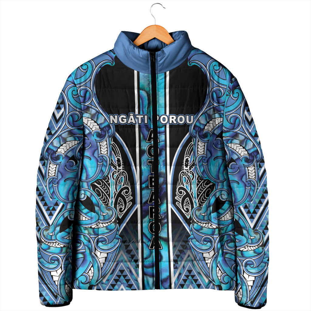 Aotearoa Ngati Porou Padded Jacket Maori Light Blue Tribal Paua Shell Pattern