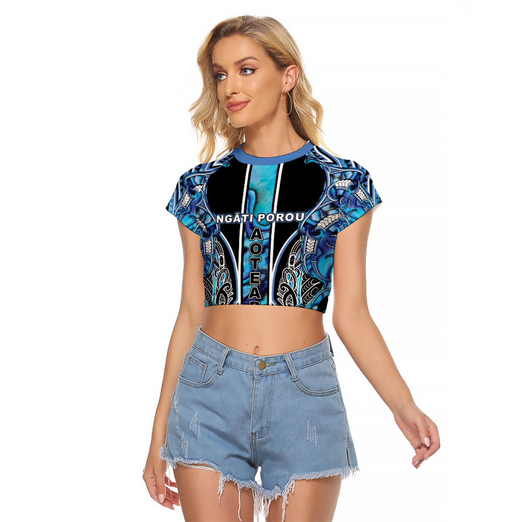 Aotearoa Ngati Porou Raglan Cropped T Shirt Maori Light Blue Tribal Paua Shell Pattern DT05 Female Blue - Polynesian Pride