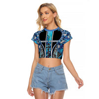 Aotearoa Ngati Porou Raglan Cropped T Shirt Maori Light Blue Tribal Paua Shell Pattern
