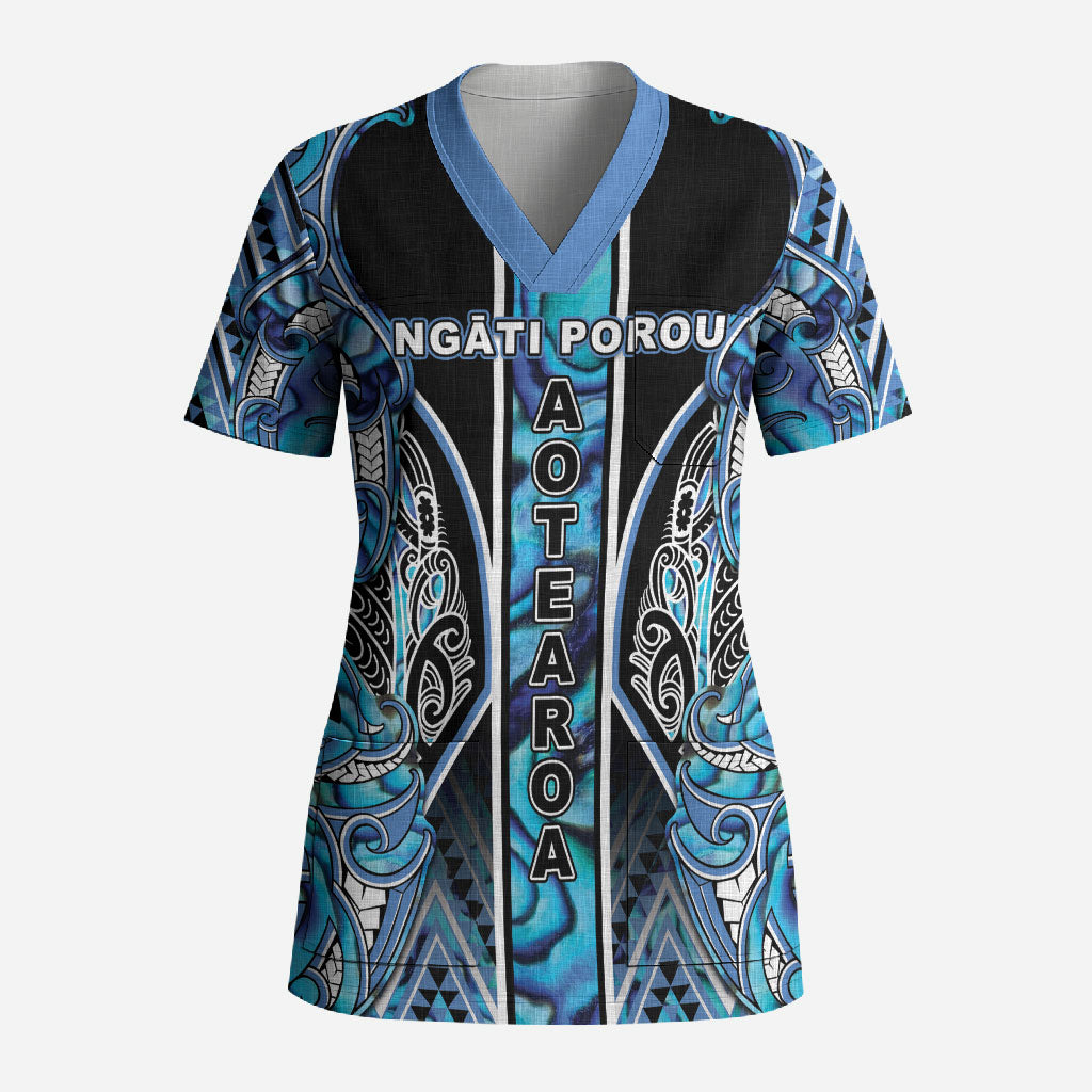 Aotearoa Ngati Porou Scrub Top Maori Light Blue Tribal Paua Shell Pattern DT05 Adult Blue - Polynesian Pride