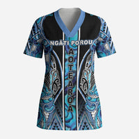 Aotearoa Ngati Porou Scrub Top Maori Light Blue Tribal Paua Shell Pattern