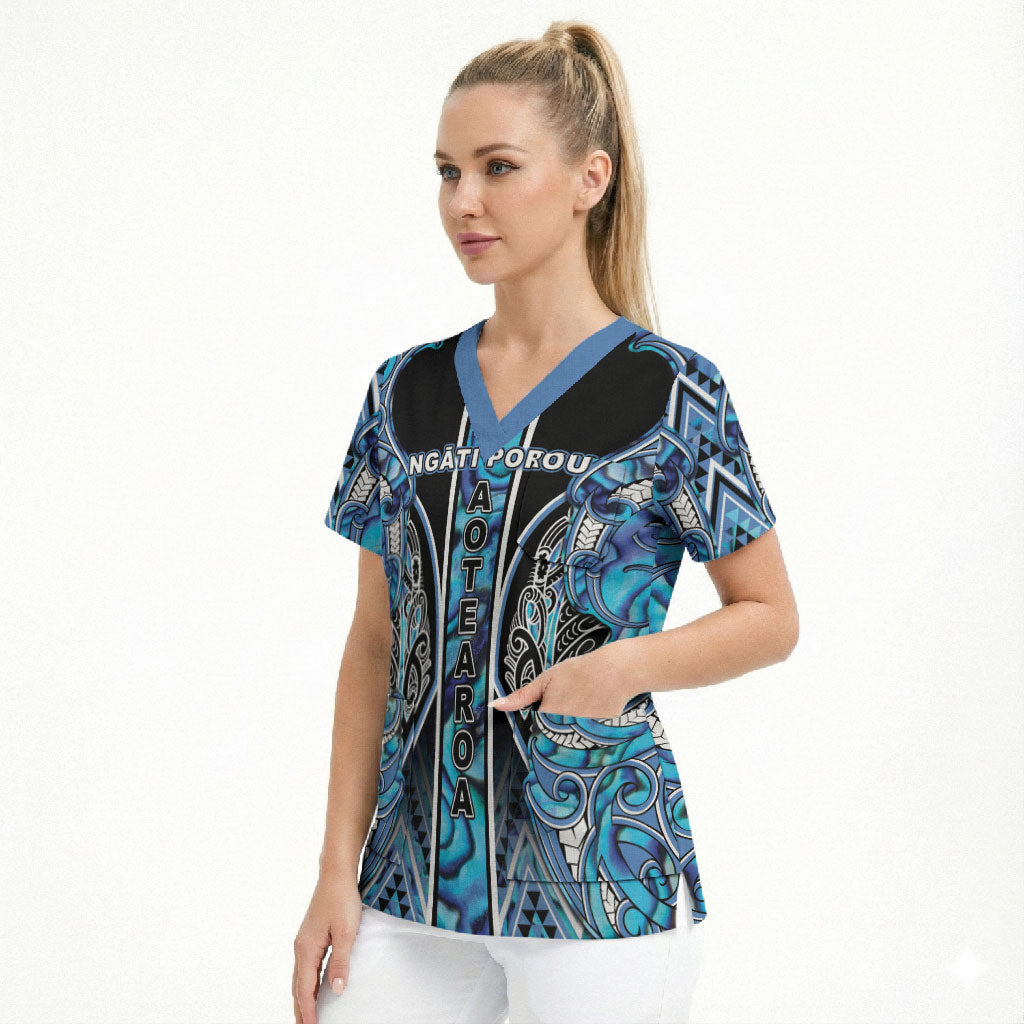 Aotearoa Ngati Porou Scrub Top Maori Light Blue Tribal Paua Shell Pattern