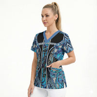 Aotearoa Ngati Porou Scrub Top Maori Light Blue Tribal Paua Shell Pattern
