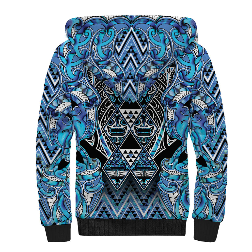 Aotearoa Ngati Porou Sherpa Hoodie Maori Light Blue Tribal Paua Shell Pattern