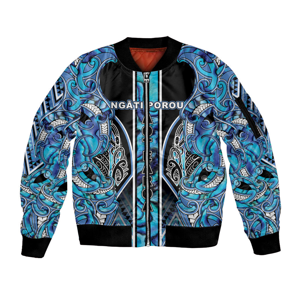 Aotearoa Ngati Porou Sleeve Zip Bomber Jacket Maori Light Blue Tribal Paua Shell Pattern