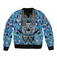 Aotearoa Ngati Porou Sleeve Zip Bomber Jacket Maori Light Blue Tribal Paua Shell Pattern