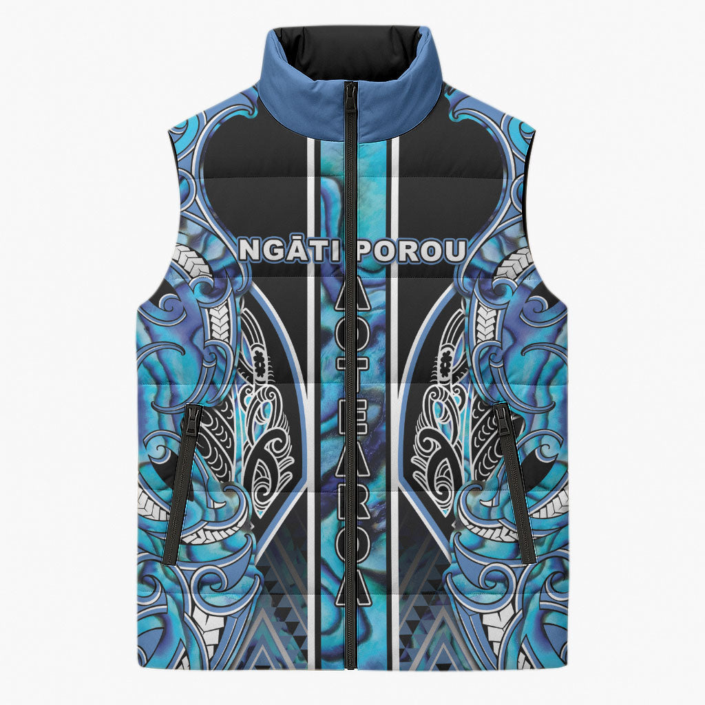 Aotearoa Ngati Porou Sleeveless Puffer Jacket Maori Light Blue Tribal Paua Shell Pattern DT05 Unisex Blue - Polynesian Pride