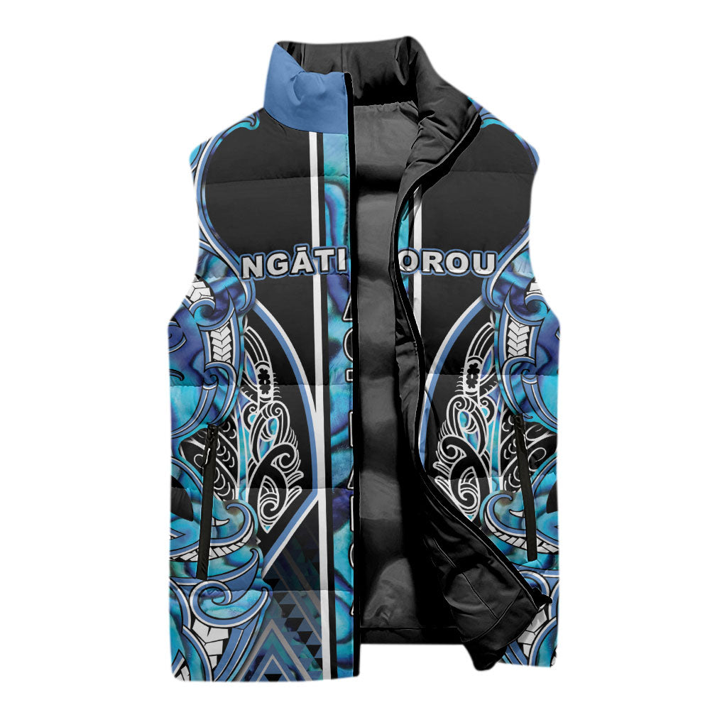 Aotearoa Ngati Porou Sleeveless Puffer Jacket Maori Light Blue Tribal Paua Shell Pattern