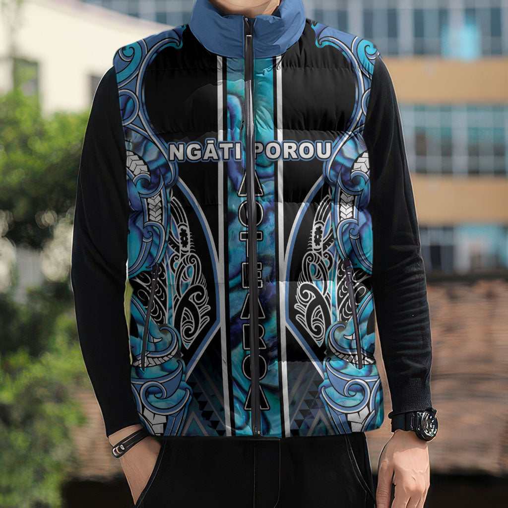 Aotearoa Ngati Porou Sleeveless Puffer Jacket Maori Light Blue Tribal Paua Shell Pattern