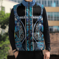 Aotearoa Ngati Porou Sleeveless Puffer Jacket Maori Light Blue Tribal Paua Shell Pattern