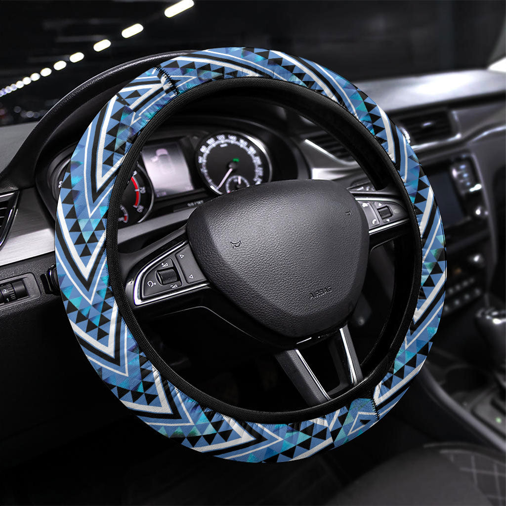 Aotearoa Ngati Porou Steering Wheel Cover Maori Light Blue Tribal Paua Shell Pattern DT05 Universal Fit Blue - Polynesian Pride