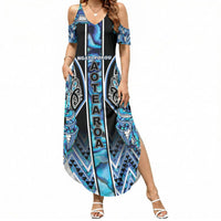 Aotearoa Ngati Porou Summer Maxi Dress Maori Light Blue Tribal Paua Shell Pattern