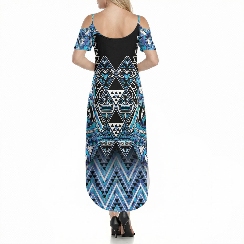 Aotearoa Ngati Porou Summer Maxi Dress Maori Light Blue Tribal Paua Shell Pattern