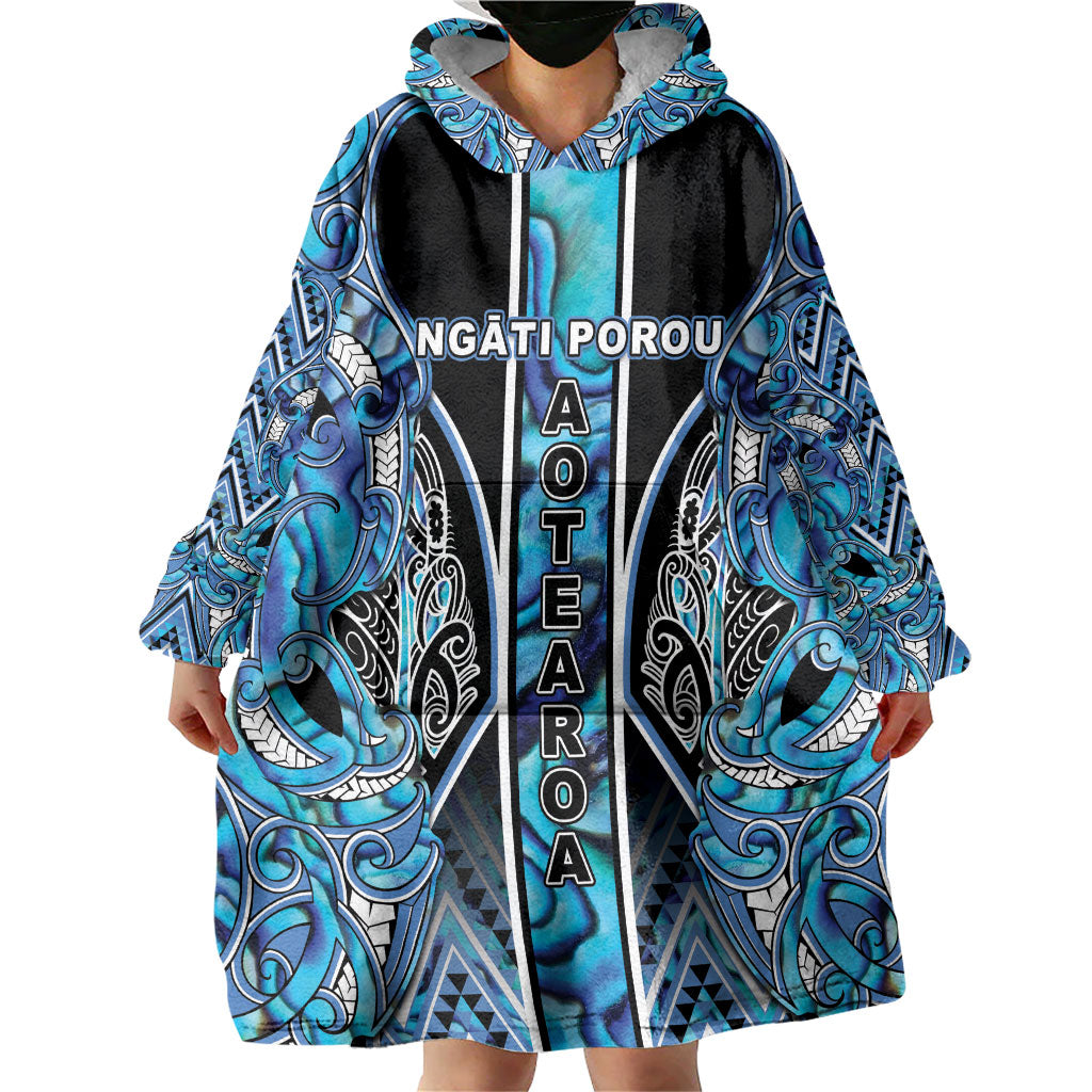 Aotearoa Ngati Porou Wearable Blanket Hoodie Maori Light Blue Tribal Paua Shell Pattern