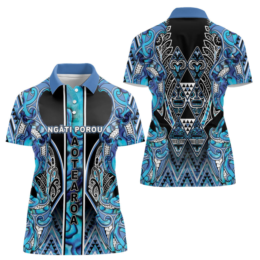 Aotearoa Ngati Porou Women Polo Shirt Maori Light Blue Tribal Paua Shell Pattern