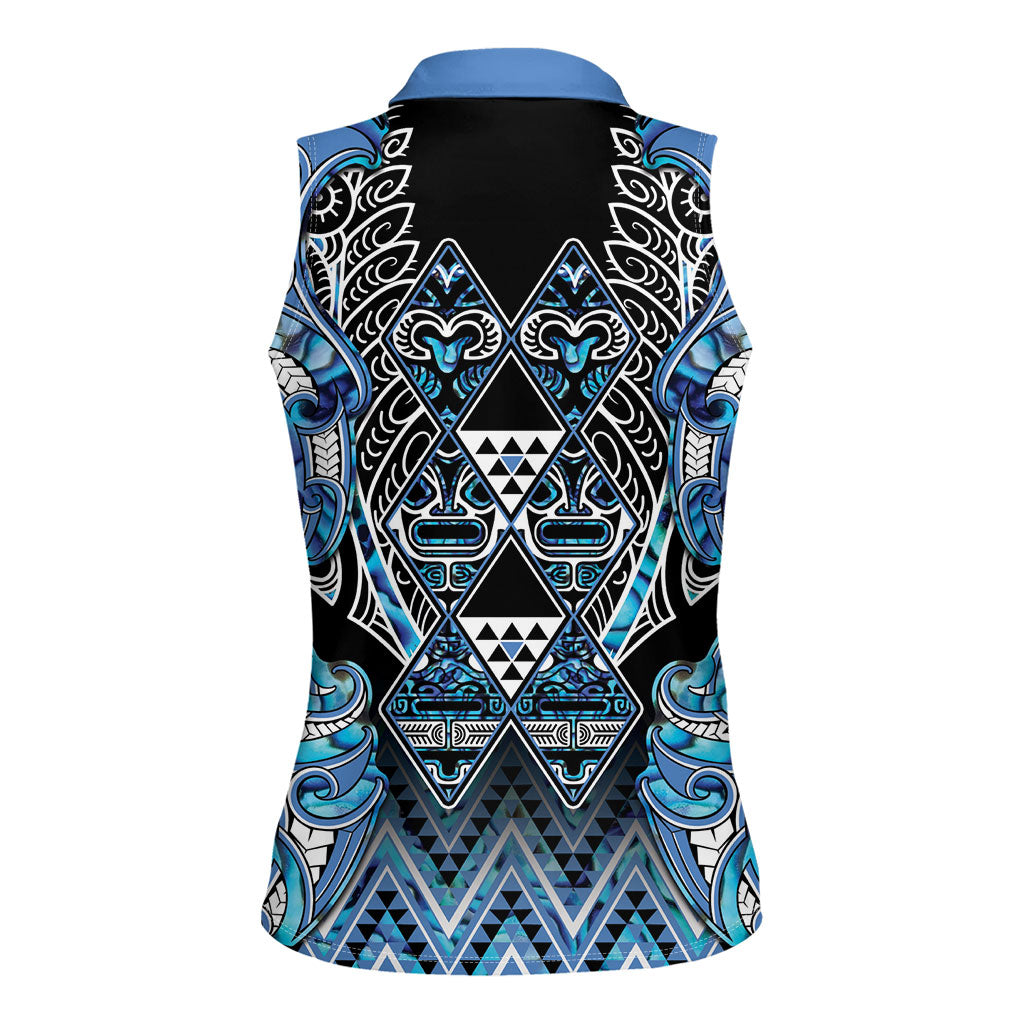 Aotearoa Ngati Porou Women Sleeveless Polo Shirt Maori Light Blue Tribal Paua Shell Pattern