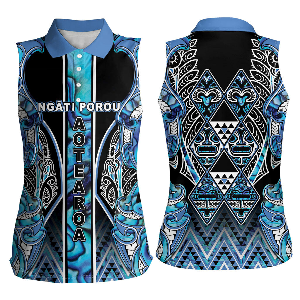 Aotearoa Ngati Porou Women Sleeveless Polo Shirt Maori Light Blue Tribal Paua Shell Pattern
