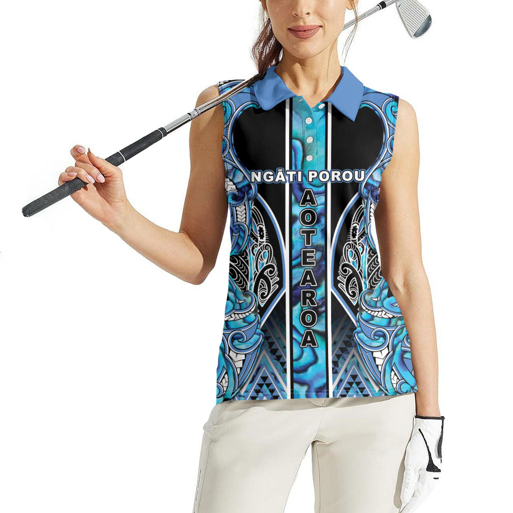 Aotearoa Ngati Porou Women Sleeveless Polo Shirt Maori Light Blue Tribal Paua Shell Pattern