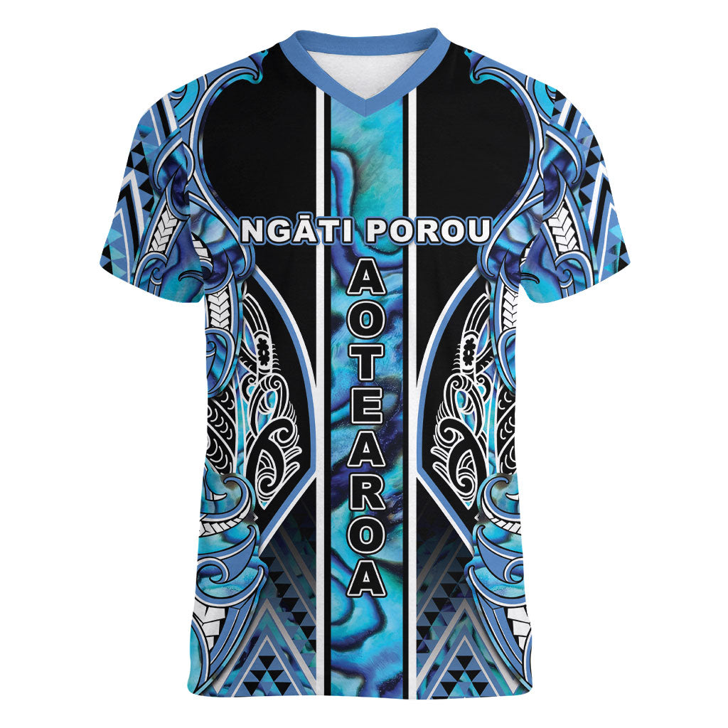 Aotearoa Ngati Porou Women V-Neck T-Shirt Maori Light Blue Tribal Paua Shell Pattern DT05 Female Blue - Polynesian Pride