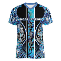 Aotearoa Ngati Porou Women V-Neck T-Shirt Maori Light Blue Tribal Paua Shell Pattern
